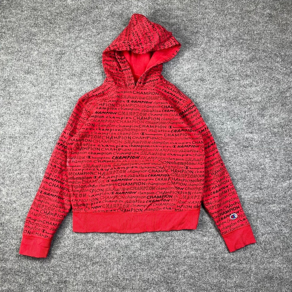 Champion Hoodie Boys M Red Cotton Fleece Lined Kangaroo Pocket Athletic Training